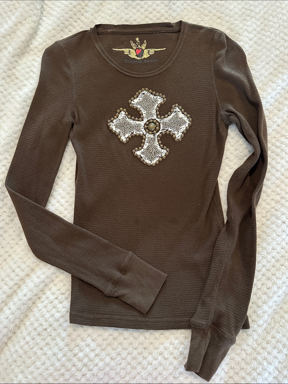 TWISTED HEART Brown Waffle Knit Top with Beaded Cross Accent